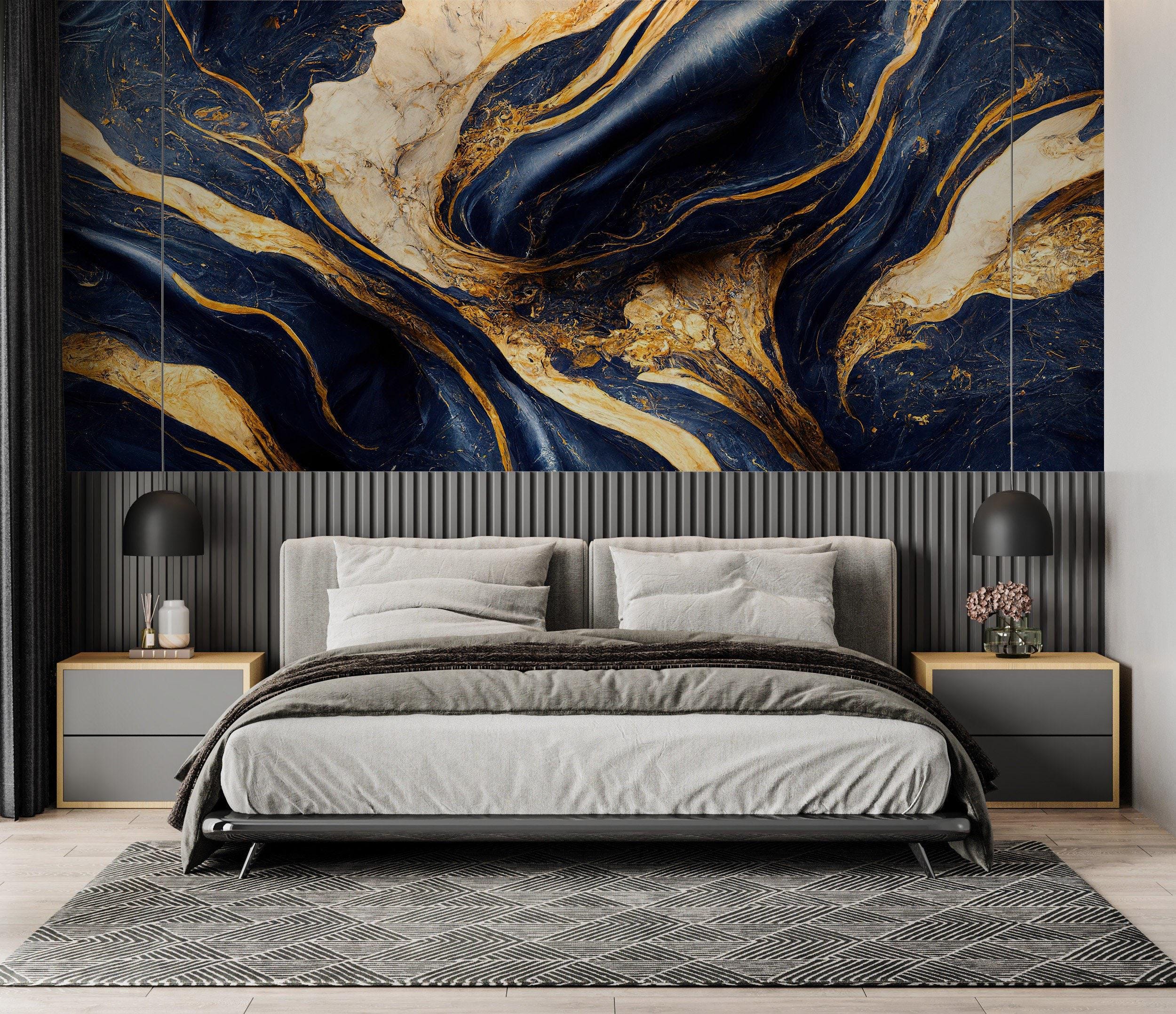 Dark Blue and Gold Marble Wallpaper | Modern Luxury Marble Blue Mural ...