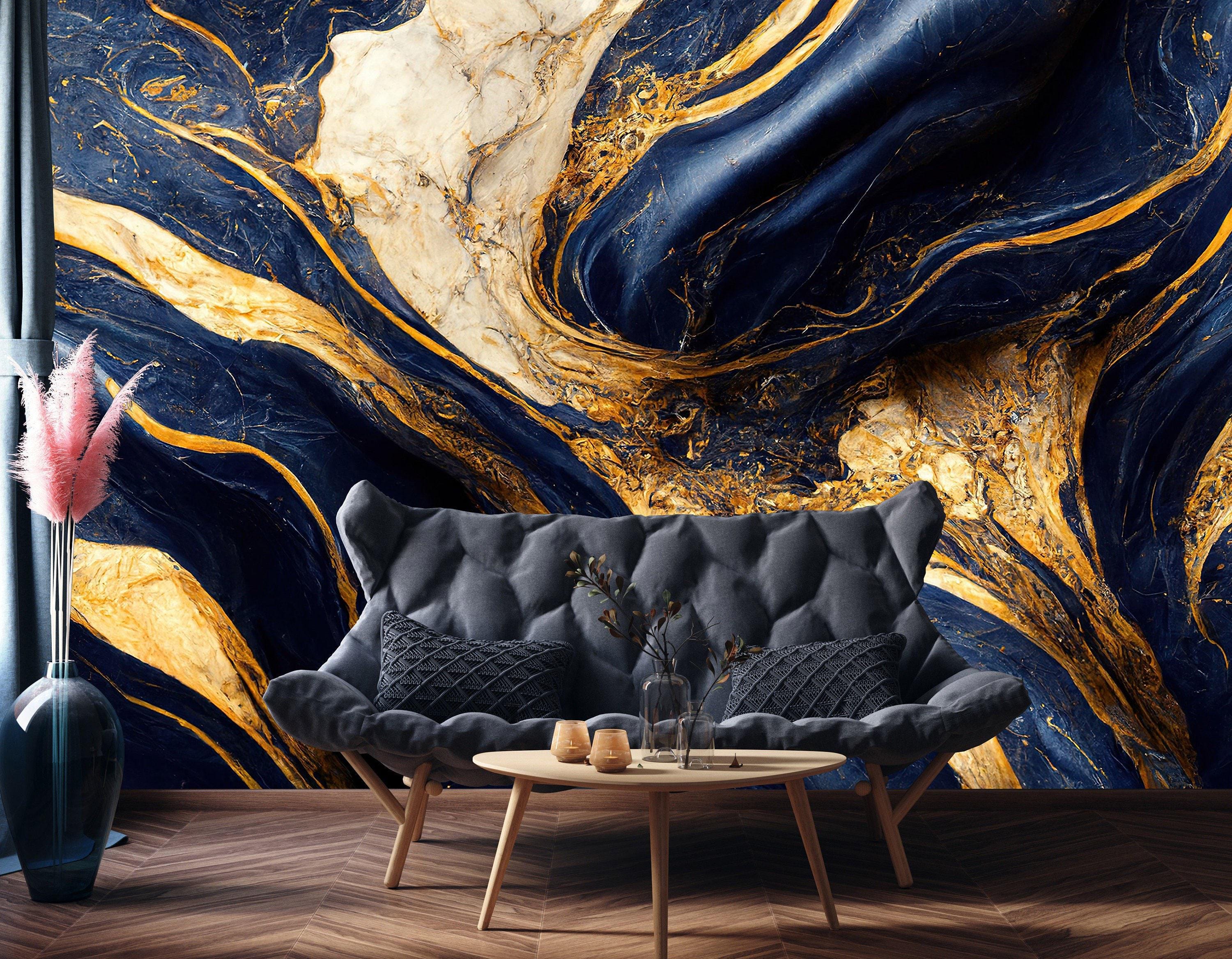Dark Blue and Gold Marble Wallpaper | Modern Luxury Marble Blue Mural ...