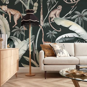 Dunkles tropisches Dschungel Wandbild, wilde Tiger, botanisches Wandbild, abziehen und aufkleben oder Vinyl, Tropenwald Wandbild Vintage Jungle Pattern 673