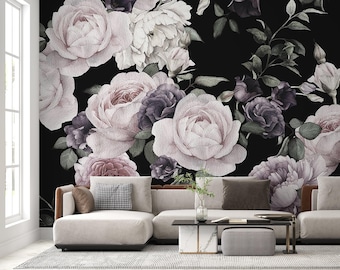 Papel tapiz floral oscuro, papel tapiz botánico oscuro, despegable y pegable, murales de pared de peonías grandes, ramo de flores 665