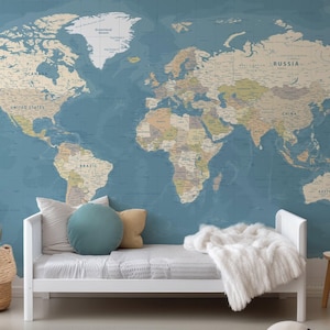 Vintage Geographicß Weltkarte Wandbild - Riesige abnehmbare Tapetenkarte der Welt - Großes Peel & Stick-Stoffwandkarten-Wandbild 670