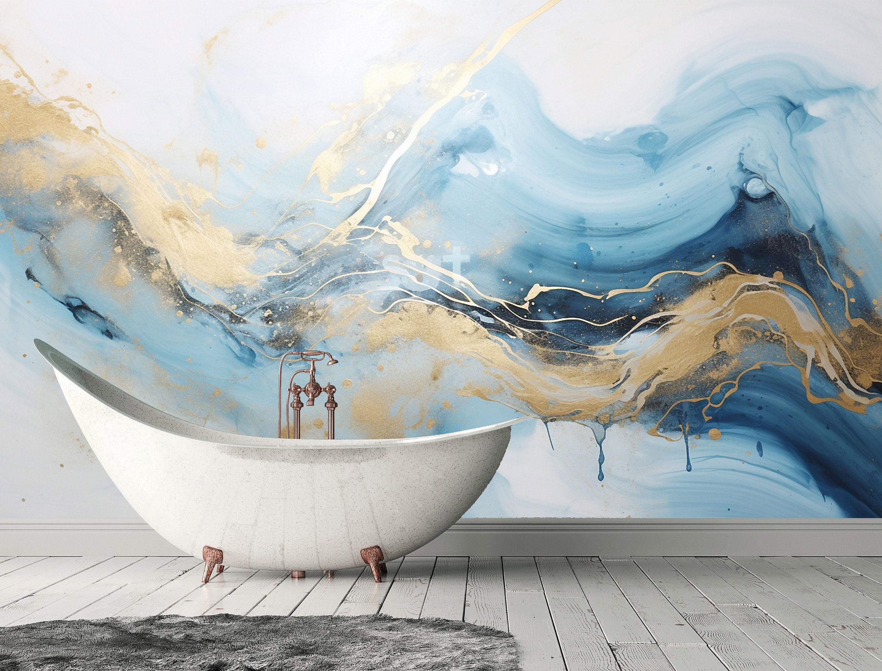 Luxurious Gold & Blue Marble Wallpaper - Modern Abstract Stone Mural ...