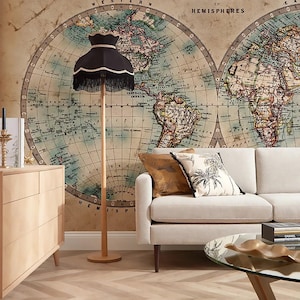 Murale mappa emisferica in toni terrosi - Mappa del mondo vintage - Mappa gigante rimovibile del mondo - Mappa murale in tessuto staccabile e attaccabile 671