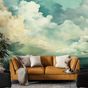 Vintage Cloudy Sky Wallpaper, Oil painting Sky Mural - Premium Peel and Stick Vinyl Fabric - Stunning Home Decor Accent - Unique Gift 635