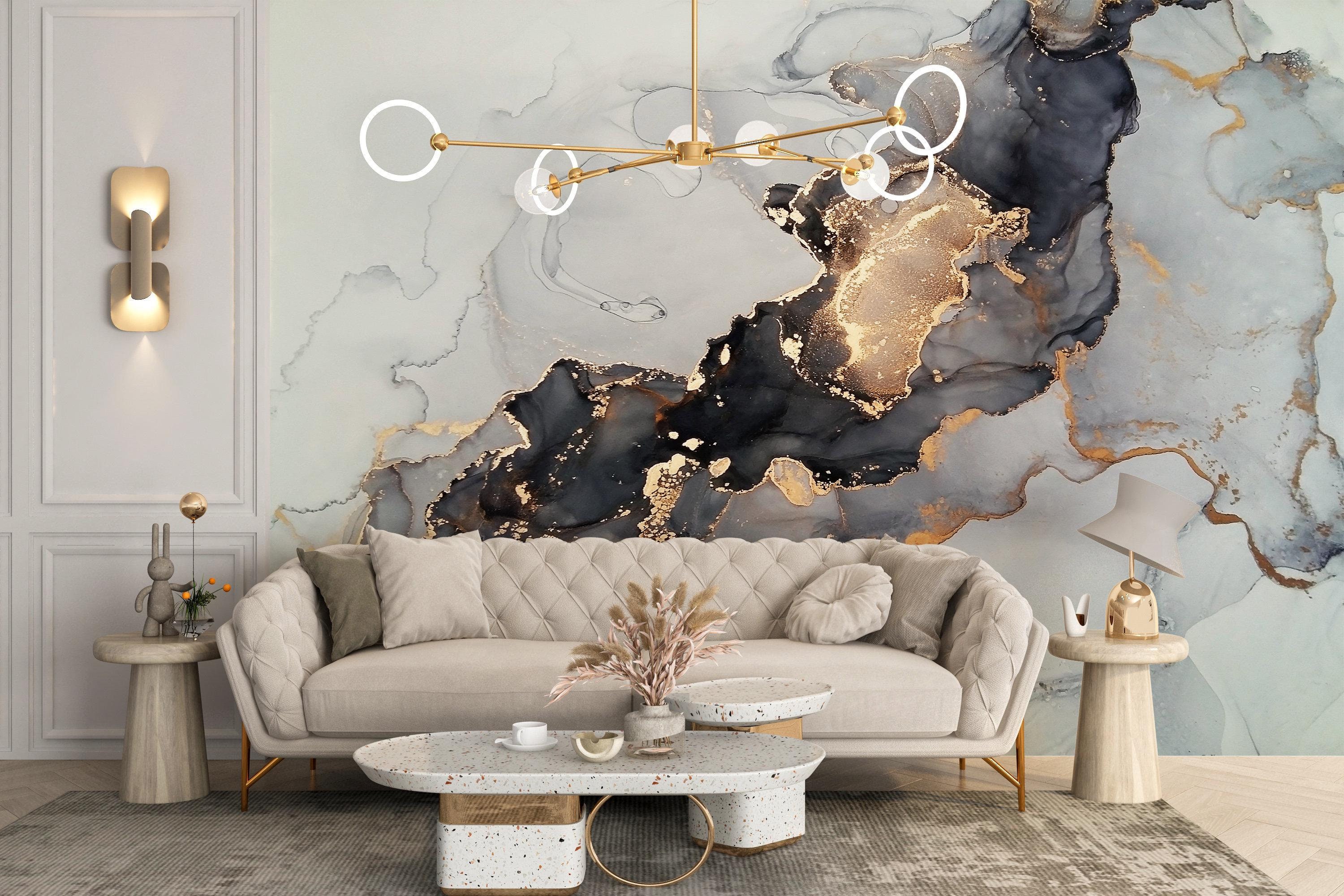 Modern Black Gray Marble Wallpaper | Aesthetic Dark and Gold Mural | Liquid Marble Alcohol Ink Decal | Luxury Preppy Peel and Stick 97