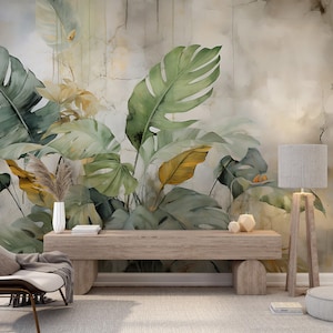 ABSTRACT Concrete Wall with Tropical Leaves | Palm Tropical Wallpaper | Tropical Landscape Mural | Vintage Jungle Pattern 518