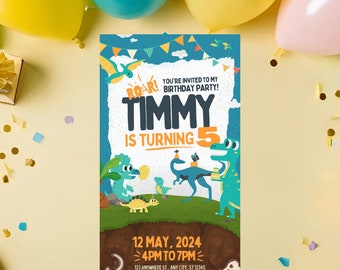 May include: A dinosaur-themed birthday party invitation for Timmy's 5th birthday. The invitation features a blue, green, and orange color scheme with illustrations of dinosaurs and a birthday cake. The text reads "You're invited to my Roar! Birthday Party! Timmy is turning 5. 12 May, 2024 4PM to 7PM 123 Anywhere St., Any City, ST 12345"