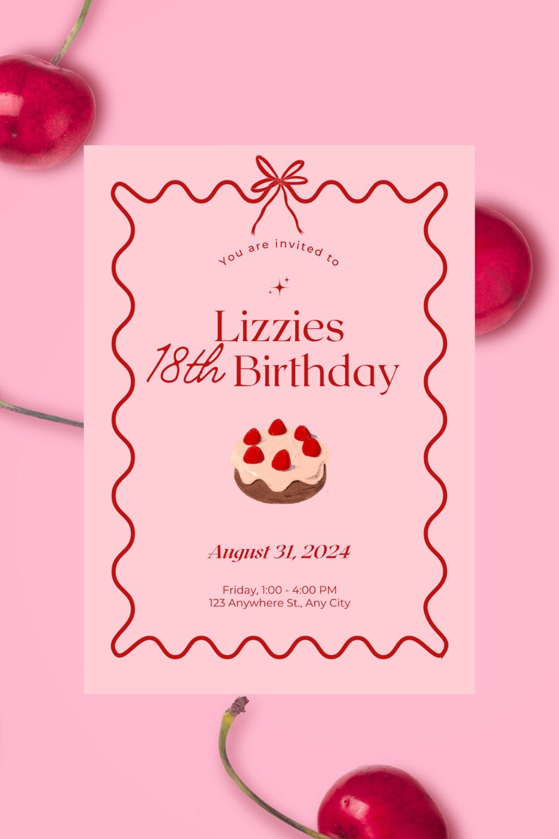 Pink and Red Cute Editable Birthday Invitation Template, Cute, Birthday ...