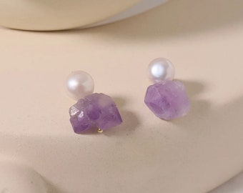 Amethyst and Natural Fresh Pearl Earrings, 18K Gold Filled Earrings, Fresh Pearl Stud Earrings, Jewelry Charms, Purple Earrings