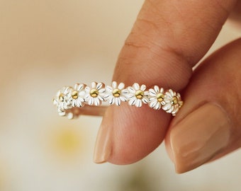 Gänseblümchen Ring, verstellbarer Blumenring, Geschenk für sie, Frühlingsring, Blumenring, zierlicher Ring, Freundschaftsring, Naturring