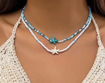 Collier étoile de mer, collier superposé, duo de chaînes de perles, ras de cou de plage, collier d'été, cadeau d'un ami, cadeau pour elle, bijoux en coquillages, bijoux de l'océan