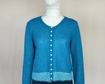 BRORA Superkid Mohair Fuzzy Fluffy Womens Button Crew Neck Cardigan Sweater Turquoise Peacock Blue Size 12