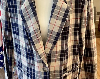 Vintage Requirements Petite Size 10P Plaid Linen Blend Blazer Jacket Made in USA