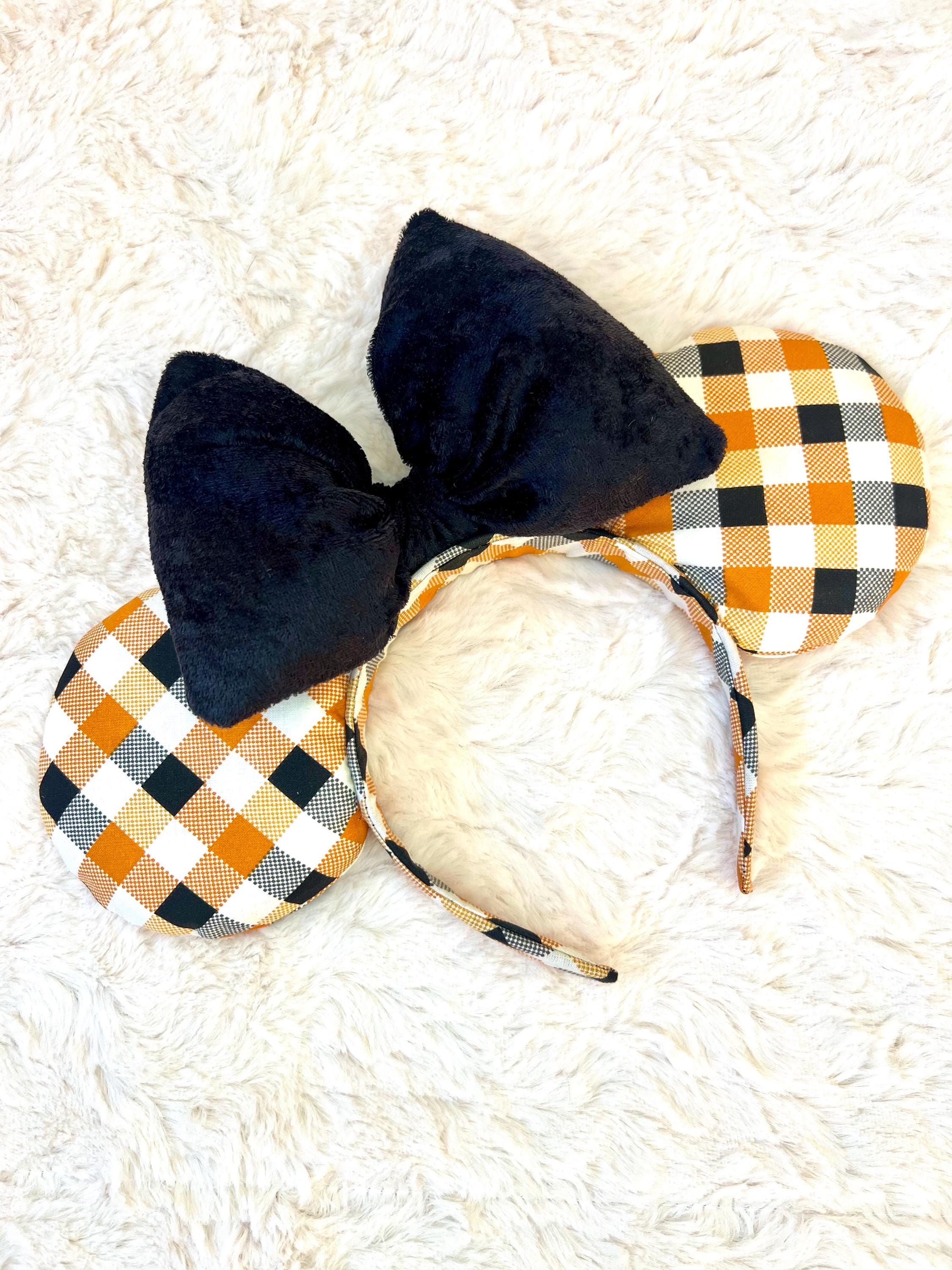Disney Halloween Minnie Mouse Corduroy Black White Plaid Ears Headband NEW! 1 disney inspired Halloween themed Plaid Ears Black Bow mickey  main image 2
