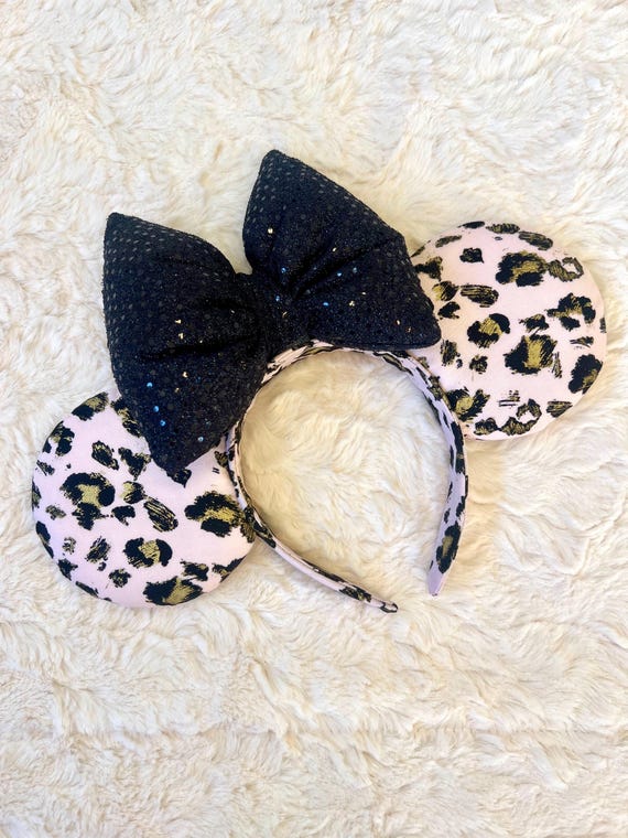 Cheetah Print Minnie Ears Headband: Pink & Black Sequin Bow  display picture 3
