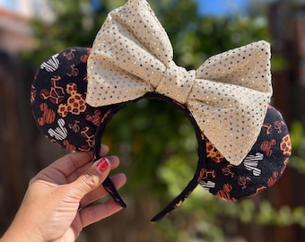 Serre-tête fait main avec oreilles de souris : nœud à sequins dorés, imprimé animal Mickey