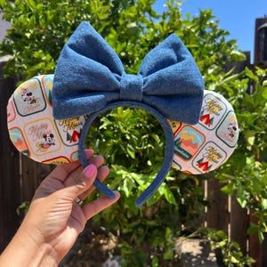 Mickey Minnie Mouse campinghoofdband met vintage patch, denim strik, oren voor wildernisverkenner, accessoire voor dierenparken