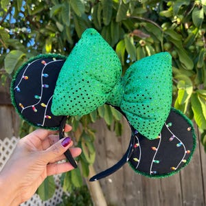Minnie Mouse Ears Headband, Purple Polka Dot, Lime Green Bow  display picture 1