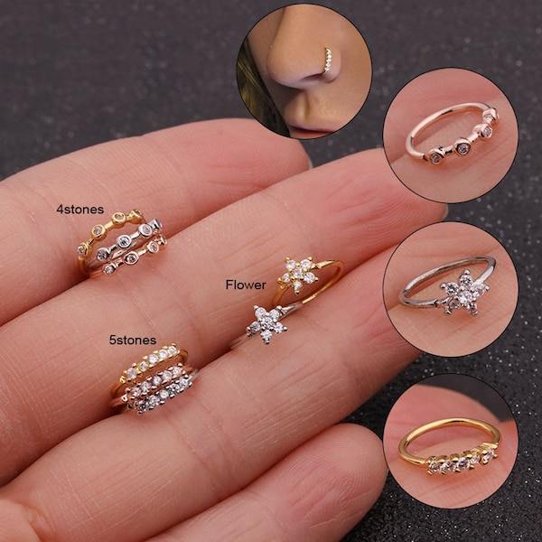 Zircon Nose Ring, Handmade Nose Ring, Flower Nose Ring, Stones Nose Ring, Gold Silver Rose Gold Nose Ring, Nose Ring Hoop, Women Nose Ring