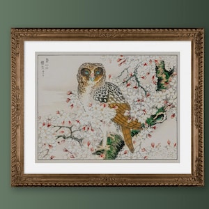 Japanese Owl Print: Cherry Blossom Bird Art (Digital Download)