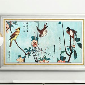 Oiseaux japonais, peinture florale turquoise, estampes japonaises vintage, impression d'art botanique, impression de fleurs, impression numérique