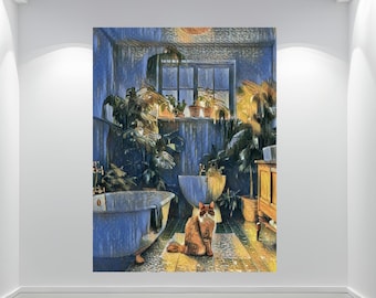 Orange Tabby Cat Art: Blue Décor (Digital Download)
