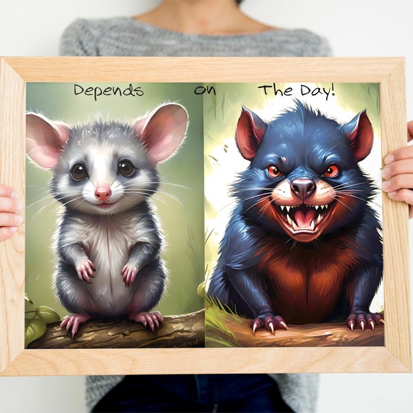 Cute Possum and Grumpy Tasmanian Devil poster, Quirky home decor, Funny wall hanging, tongue in cheek humour