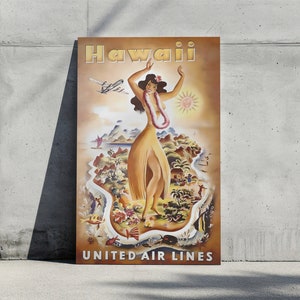 Travel Poster- United Airlines Art Work- Hula Girl Art Work- Hawaiian Wall Art- Aviation Poster- Vintage ad Poster- Airline Art Print