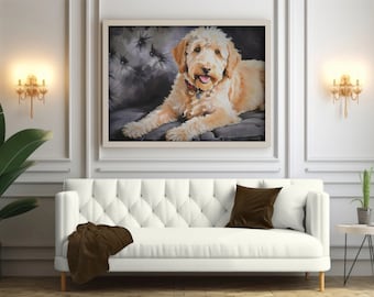 Cream labradoodle art, sofa dog digital download, dog lover gift, cute dog decor, large file,