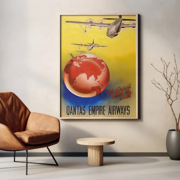 Qantas Airlines tourism poster, 1930's vintage airplanes, world travel wall art, retro Qantas decor,