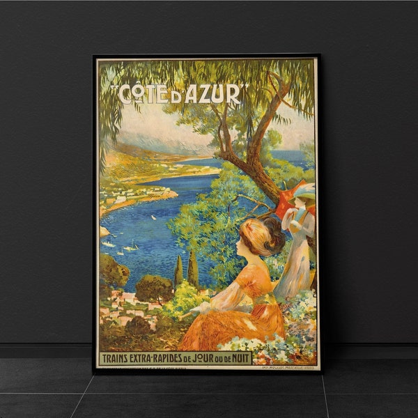 1866 Cote d Azur travel poster, French Riviera decor, Mediterranean beach scene, vintage art,