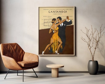 Cartel de música de baile de tango vintage, arte amarillo marrón, decoración de baile, anuncio de tango, baile de pareja, archivo grande