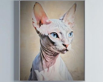 Stampa artistica di gatto Sphynx: ritratto di gatto senza pelo (download digitale)