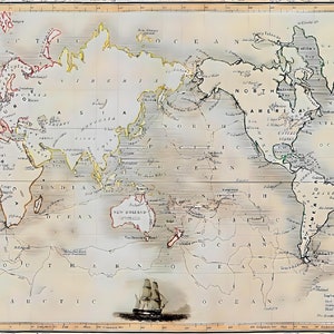 Wereldkaart-1852 Reis van Captain Cook Wallart-kaart van de wereld-grote wereldkaart-wereldkaart kunst-kaart poster print-vintage wereldkaart-kunst