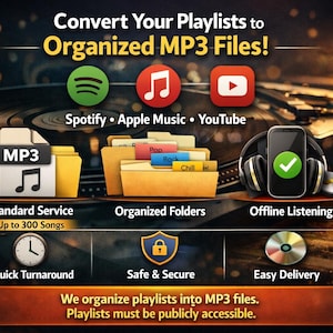 Puede incluir: Un anuncio que promueve la conversión de listas de reproducción a archivos MP3 organizados. La imagen presenta logotipos de Spotify, Apple Music y YouTube, junto con iconos de carpetas organizadas, escucha sin conexión y entrega rápida. El texto incluye "¡Convierte tus listas de reproducción a archivos MP3 organizados!"