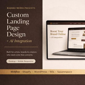 May include: A promotional image for Kujaku Media, showcasing custom landing page design with AI integration. The design is built for artists, brands, and creators. A laptop displays a website design with the text "Boost Your Brand Online". The image also lists Webflow, Shopify, WordPress, Wix, and Squarespace.