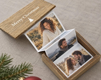 Christmas Pull Out Photo Box, 3.5 in (8.9 cm) Wood Keepsake, Names or Merry Christmas Lid