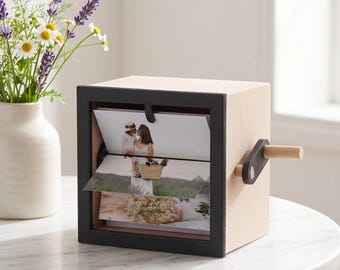 Personalized Photo Flipbook Machine, Custom Wooden Hand Crank Photo Box, Animated Mechanical Flipping Album, Picture Gift for Him Valentine