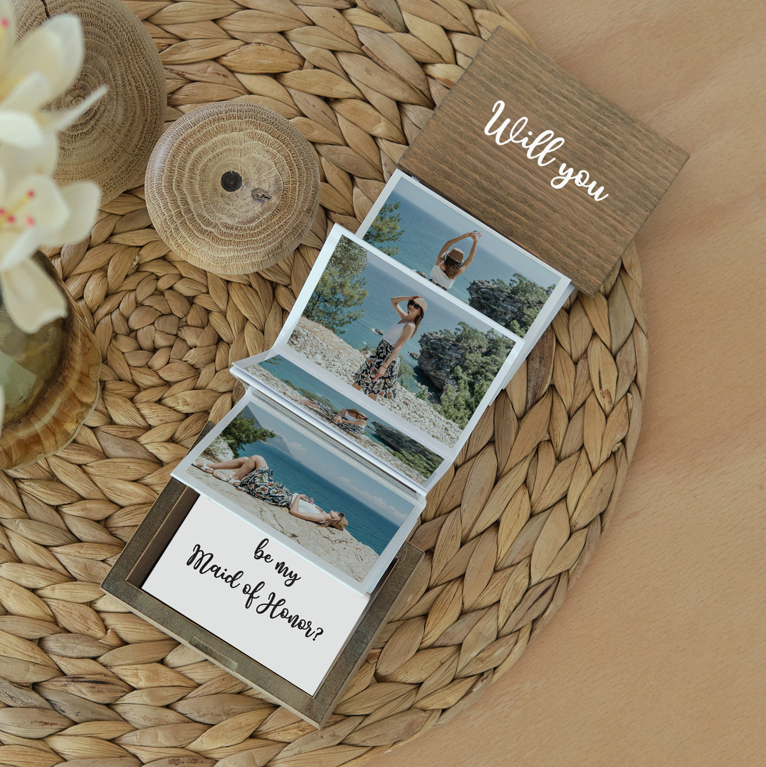 Pull Out Wooden Photo Album as Bridesmaid Proposal Gift. Wood Photo Keepsake Box. Maid of Honor Proposal. Bridesmaid Photo Gifts. Photo Box.