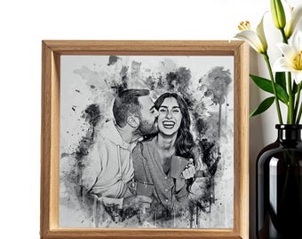 Custom Charcoal Sketch Portrait from Photo, 6.25 Inch Solid Wood Frame