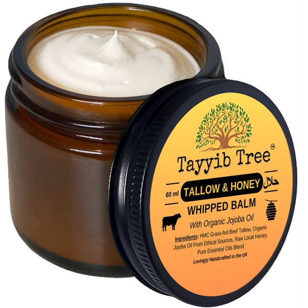 Handmade Tallow and Honey Balm Skin Cream With Organic Jojoba Oil - For Eczema, Psoriasis, Dry Skin, Stretch Marks, Unisex Scent, Halal