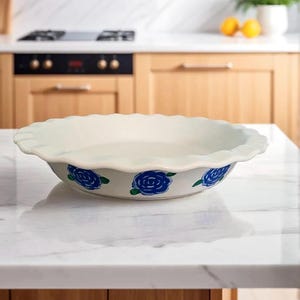 Blue Floral Pie Dish 9” 40oz – Ceramic Bakeware – Handmade Blue and White Pie Plate – Cottage core Kitchen – Housewarming Gift Idea