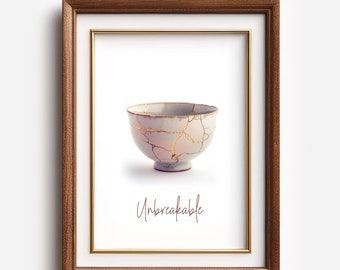Unbreakable Kintsugi bowl wall decor, Emotions make us human, Japan printable wall art, digital download