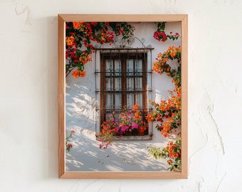 Ventana antigua con flores, antigua casa española, arte de la pared de España, arte de la pared de la ventana española, flores alrededor de la ventana, Andalucía, impresión digital