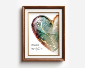 Embrace imperfection, Kintsugi heart wall decor, Emotions make us human, Japan printable wall art, digital download