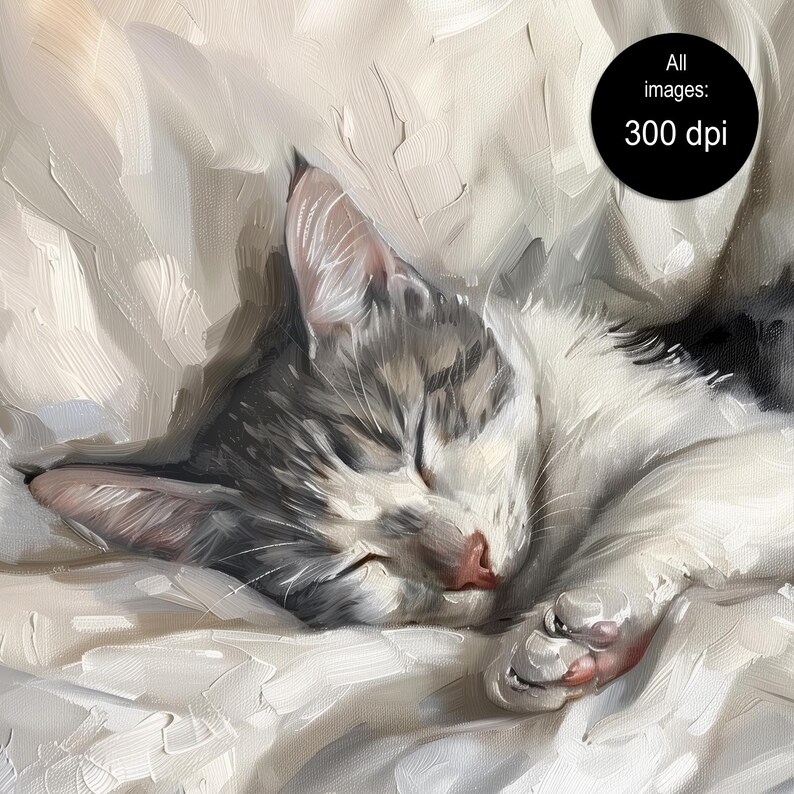 Grey and White Tabby Cat Painting, Sleeping Cat Decor, Vintage Cat Wall ...