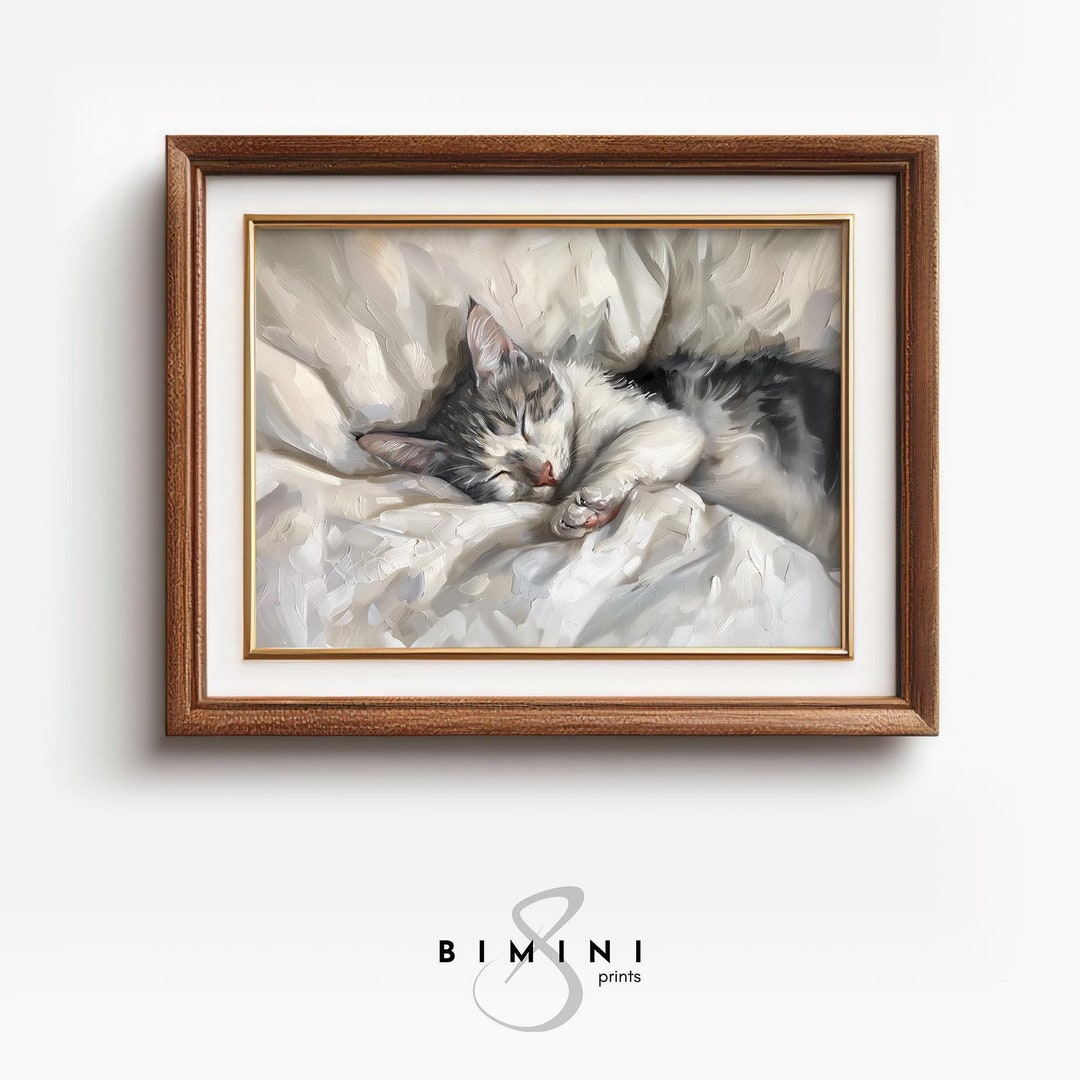 Grey and White Tabby Cat Painting, Sleeping Cat Decor, Vintage Cat Wall ...
