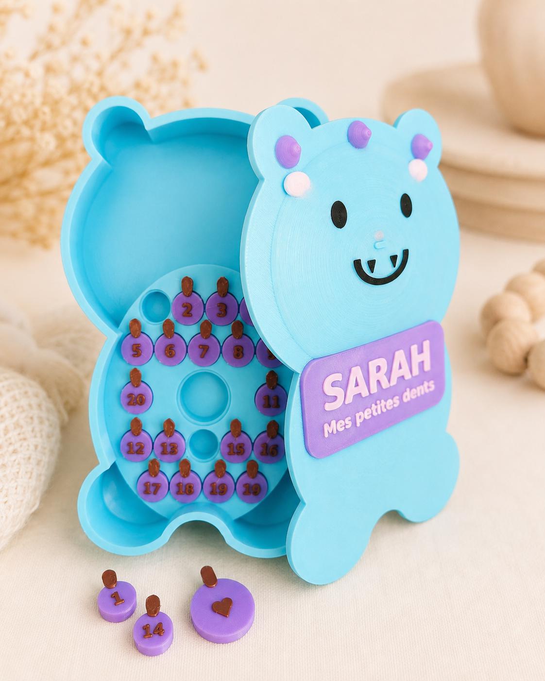 Boîte à dents de lait personnalisée Monstre – Prénom enfant – 20 compartiments – Petite souris – Cadeau enfant original