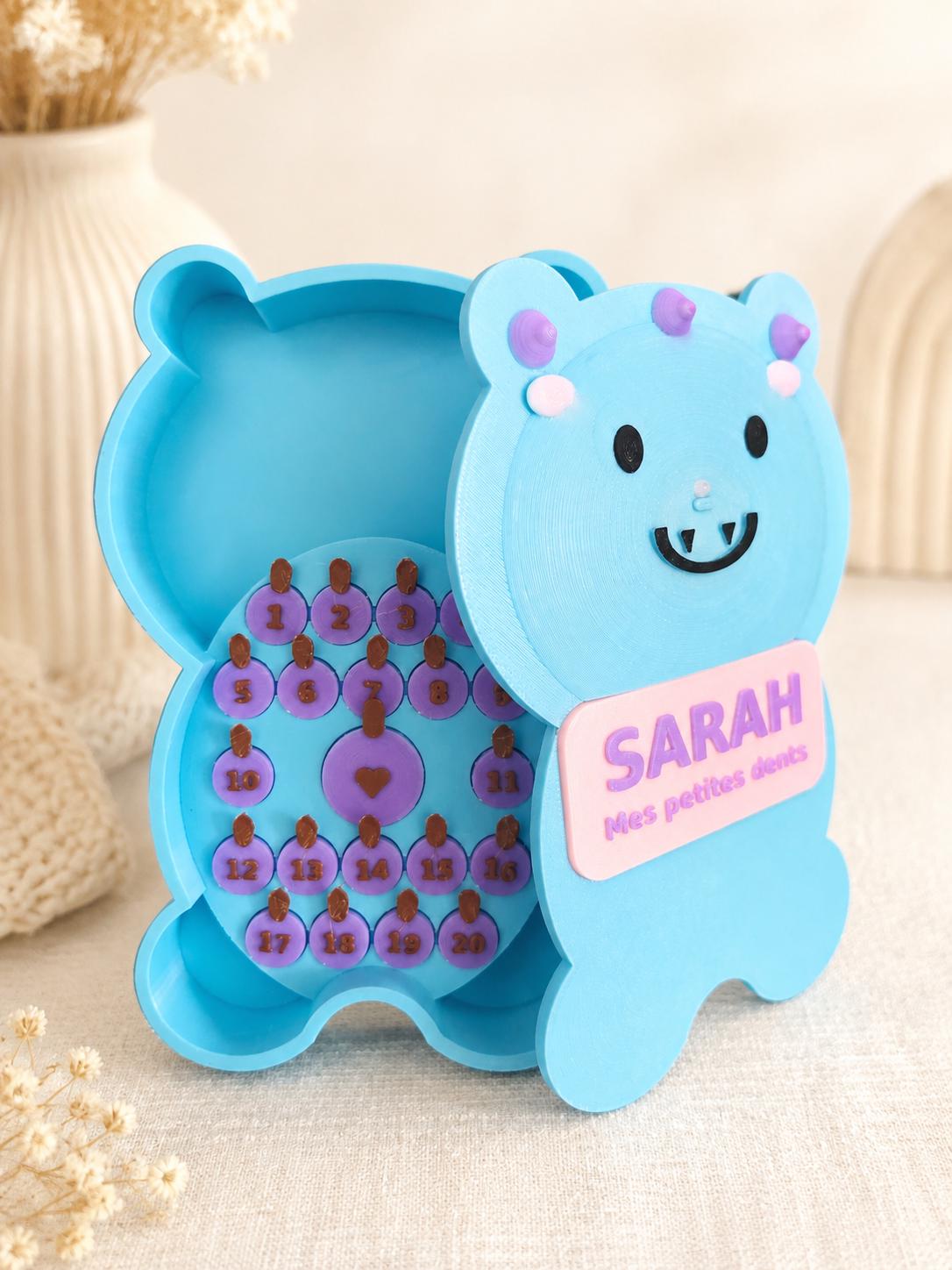 Boîte à dents de lait personnalisée Monstre – Prénom enfant – 20 compartiments – Petite souris – Cadeau enfant original