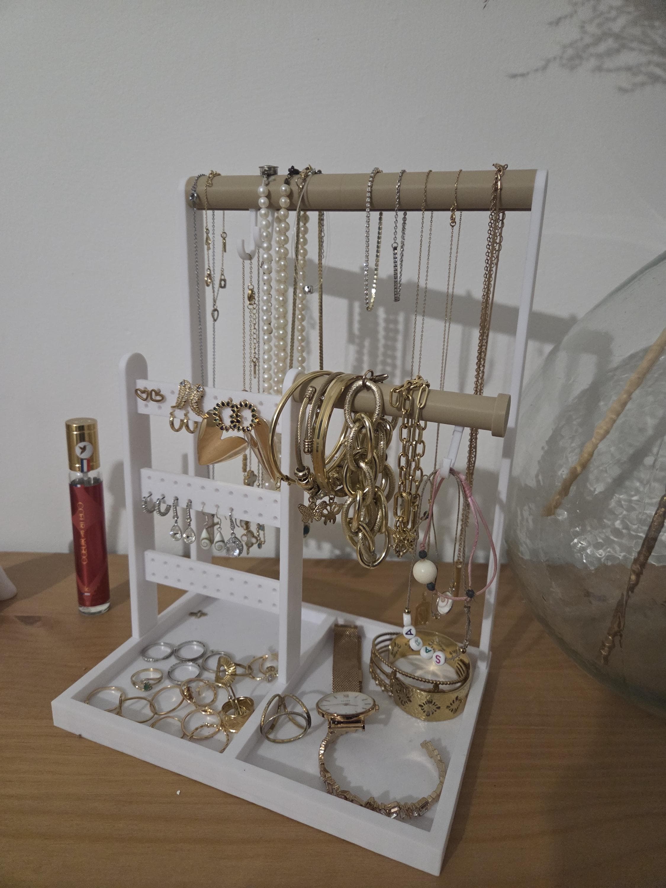 Présentoir à bijoux 3-en-1 | Porte-colliers & bracelets + support boucles d’oreilles + vide-poche bagues | Organisateur coiffeuse